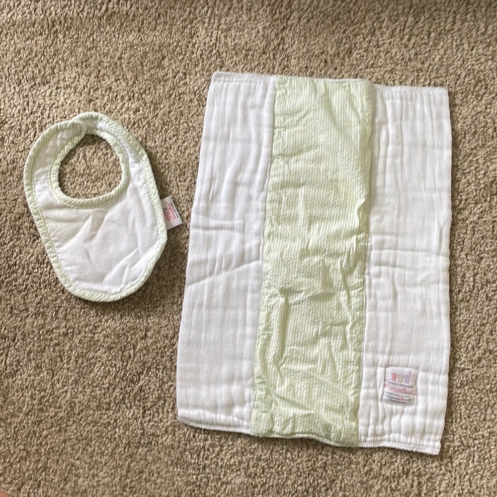 Spring green seersucker cloth diaper and bib set